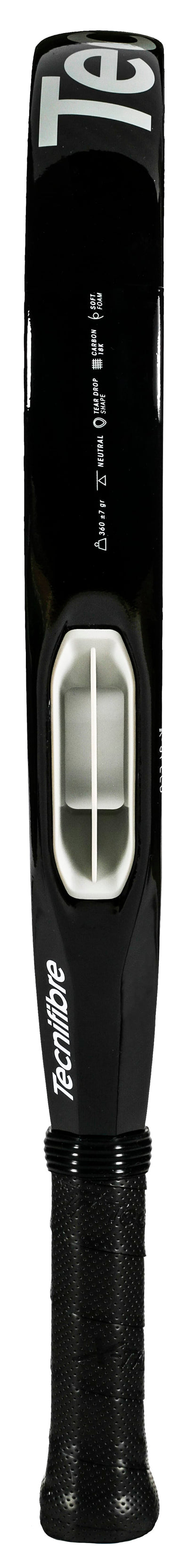 A close-up view of a black baseball or softball bat handle highlights the grip and an end cap with a vented, rectangular opening—evoking the advanced design and innovative 18K carbon construction featured in the Tecnifibre Curva Power 2026 Padel Racket by Tecnifibre.