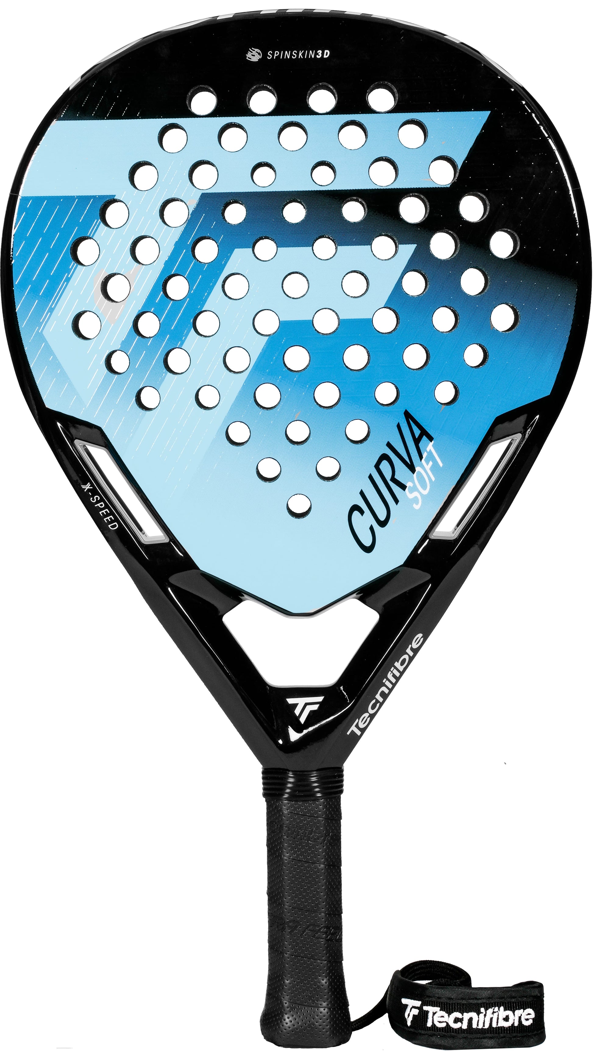 The Tecnifibre Curva Soft 2026 Padel Racket by Tecnifibre boasts a dynamic blue and black design, round-shaped frame, perforated face, textured grip, and a wrist strap marked with the “Tecnifibre” logo. Designed for all skill levels, this racket delivers an excellent blend of comfort and control.