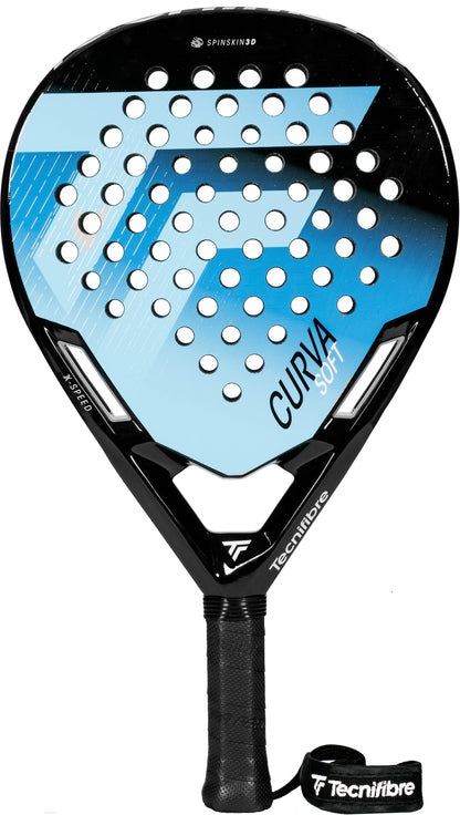 The Tecnifibre Curva Soft 2026 Padel Racket by Tecnifibre boasts a dynamic blue and black design, round-shaped frame, perforated face, textured grip, and a wrist strap marked with the “Tecnifibre” logo. Designed for all skill levels, this racket delivers an excellent blend of comfort and control.