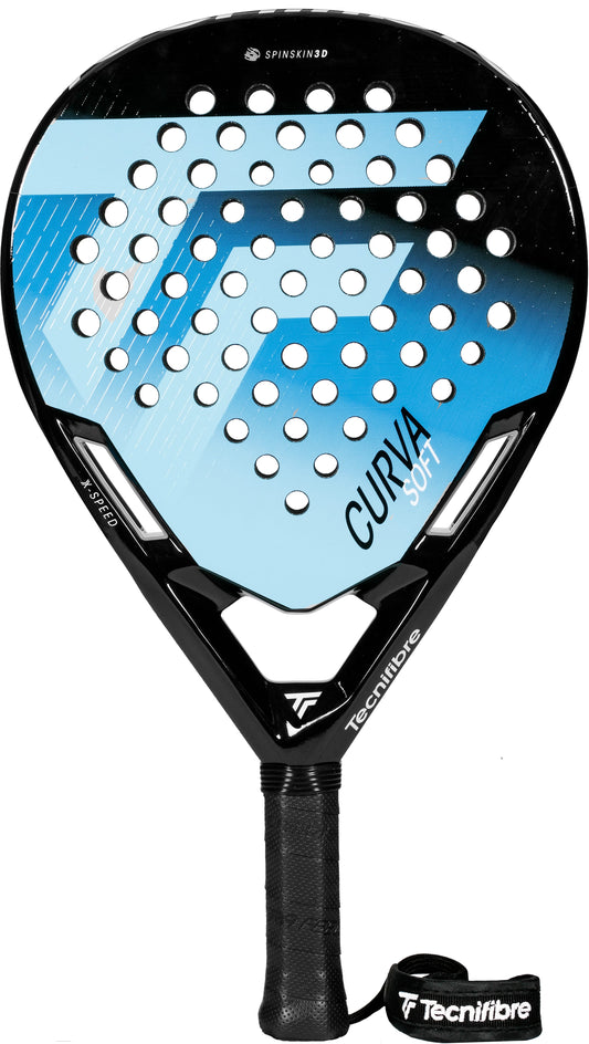 The Tecnifibre Curva Soft 2026 Padel Racket by Tecnifibre boasts a dynamic blue and black design, round-shaped frame, perforated face, textured grip, and a wrist strap marked with the “Tecnifibre” logo. Designed for all skill levels, this racket delivers an excellent blend of comfort and control.