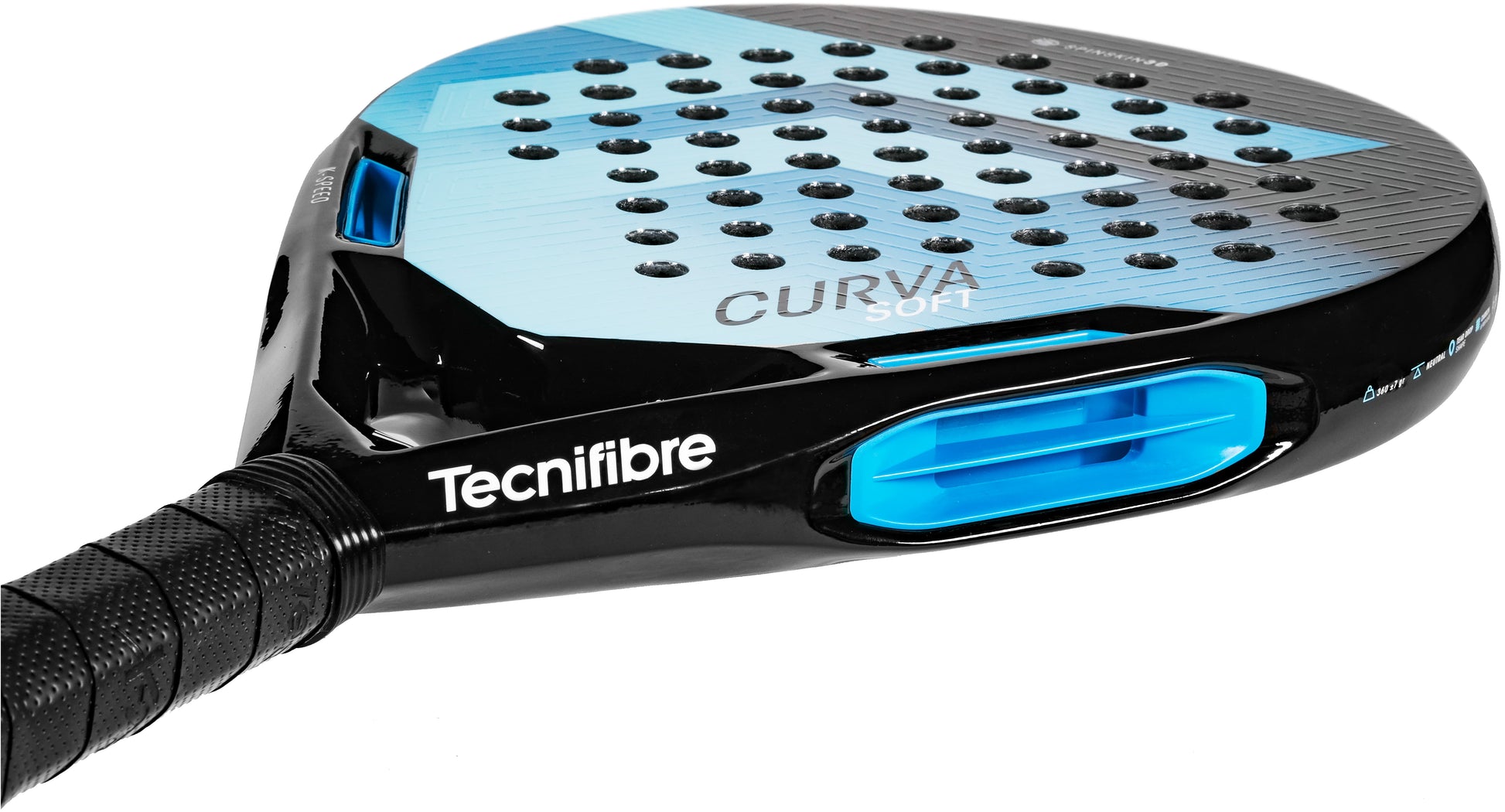 Close-up of the Tecnifibre Curva Soft 2026 Padel Racket by Tecnifibre, showcasing its teardrop-shaped head, black and blue perforated surface, textured grip handle, and distinctive blue detailing along the frame.