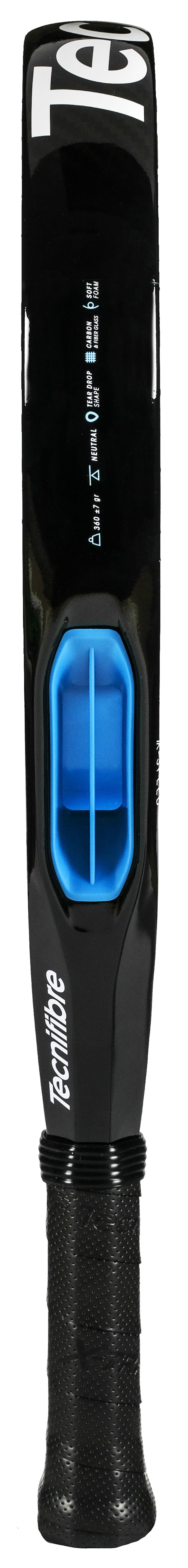 Close-up of the handle and upper part of a black cricket bat featuring a textured grip and a blue back insert, evocative of the precise design seen in the Tecnifibre Curva Soft 2026 Padel Racket by Tecnifibre, which is known for its unique teardrop head shape.