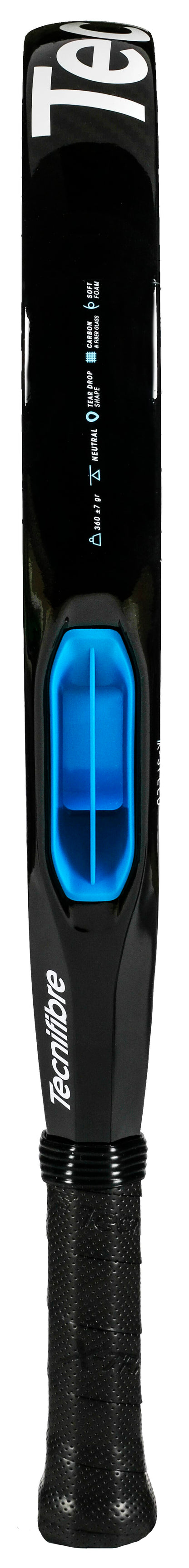 Close-up of the handle and upper part of a black cricket bat featuring a textured grip and a blue back insert, evocative of the precise design seen in the Tecnifibre Curva Soft 2026 Padel Racket by Tecnifibre, which is known for its unique teardrop head shape.