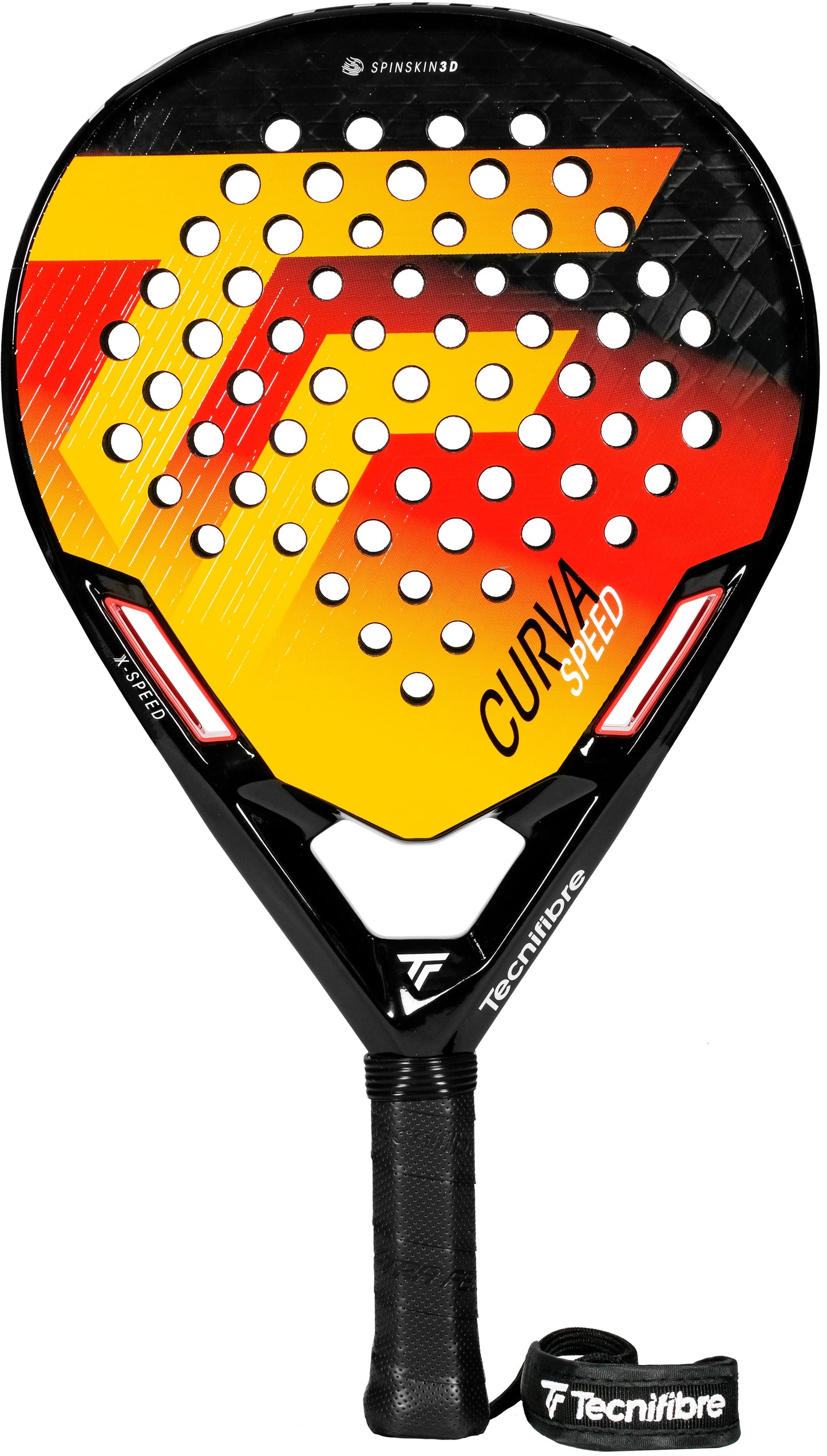 The Tecnifibre Curva Speed 2026 Padel Racket by Tecnifibre features a black handle and an eye-catching red, yellow, and orange gradient face accented with white holes and branding. Equipped with advanced X-Speed technology, this racket combines standout style with high-level performance for devoted padel players.