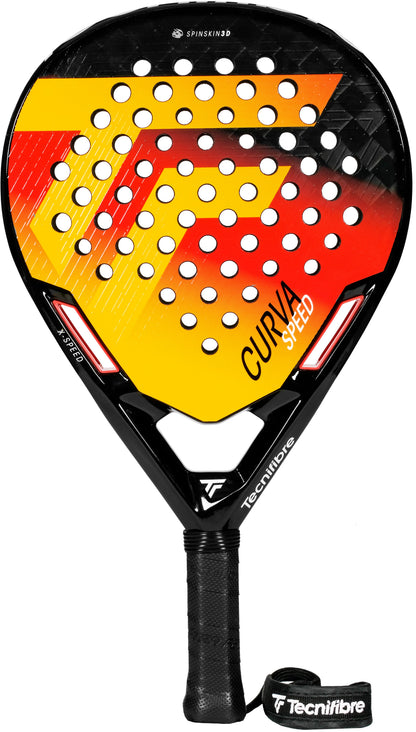 The Tecnifibre Curva Speed 2026 Padel Racket by Tecnifibre features a black handle and an eye-catching red, yellow, and orange gradient face accented with white holes and branding. Equipped with advanced X-Speed technology, this racket combines standout style with high-level performance for devoted padel players.