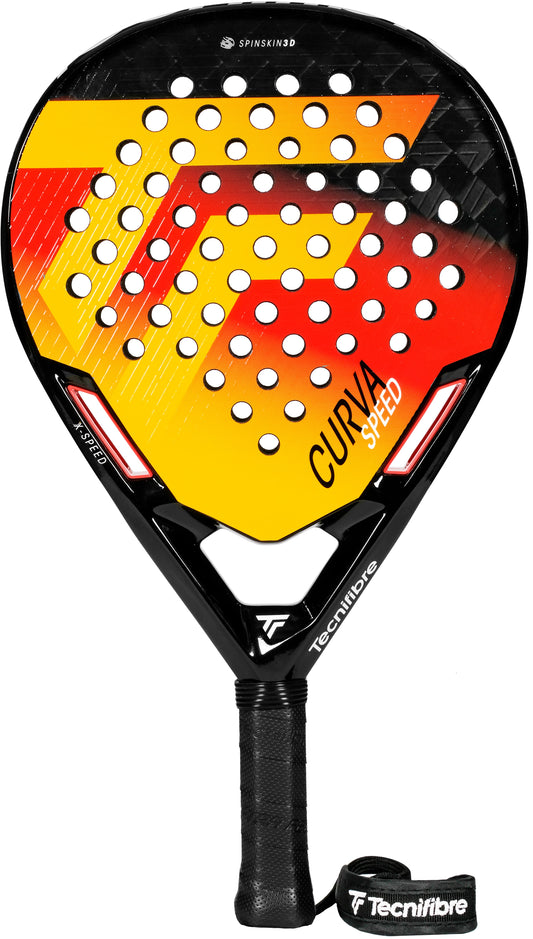 The Tecnifibre Curva Speed 2026 Padel Racket by Tecnifibre features a black handle and an eye-catching red, yellow, and orange gradient face accented with white holes and branding. Equipped with advanced X-Speed technology, this racket combines standout style with high-level performance for devoted padel players.
