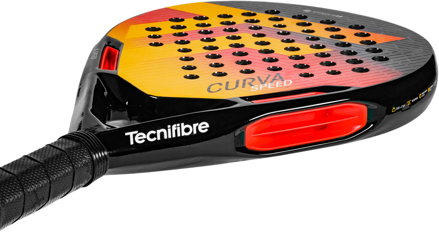 A close-up of the Tecnifibre Curva Speed 2026 Padel Racket showcases its black handle and striking red and yellow face with multiple perforations and a prominent Tecnifibre logo—designed for players who demand supreme control and rapid maneuverability in high-intensity padel matches.