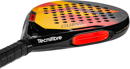 A close-up of the Tecnifibre Curva Speed 2026 Padel Racket showcases its black handle and striking red and yellow face with multiple perforations and a prominent Tecnifibre logo—designed for players who demand supreme control and rapid maneuverability in high-intensity padel matches.