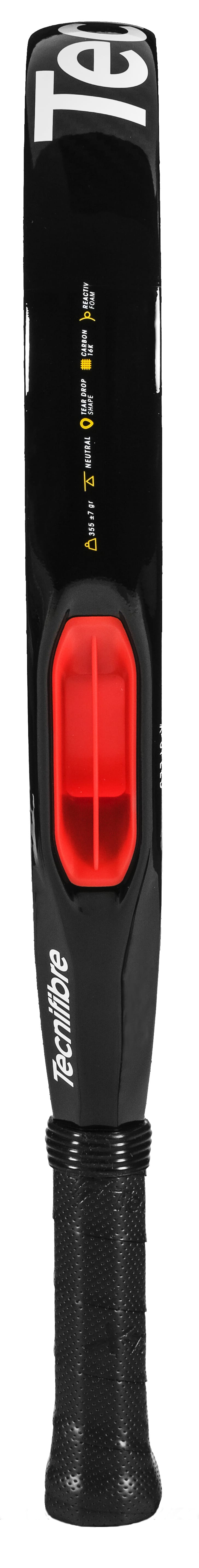 Close-up side view of a black Tecnifibre Curva Speed 2026 Padel Racket handle with a red vibration dampener and textured black grip, designed by Tecnifibre for players seeking control and fast hands.