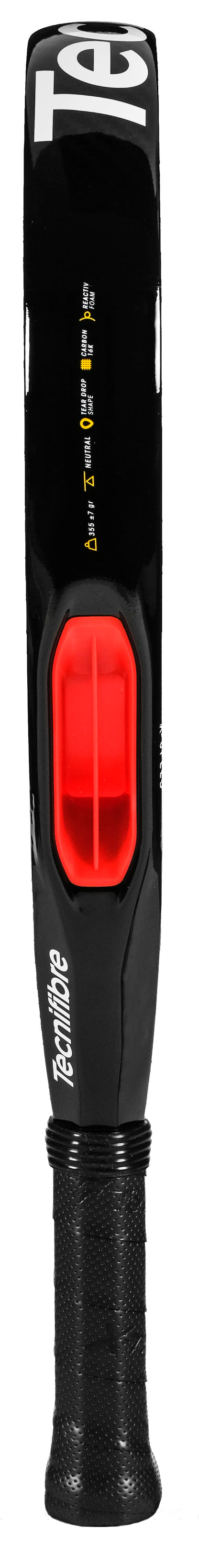 Close-up side view of a black Tecnifibre Curva Speed 2026 Padel Racket handle with a red vibration dampener and textured black grip, designed by Tecnifibre for players seeking control and fast hands.