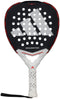 The ADIDAS Metalbone Team 3.4 Padel Racket, suitable for advanced players, boasts a sleek black face with gray stripes and circular holes, accented in red. It features a white grip with a wrist strap for control, proudly displaying "METALBONE TEAM" on its face.