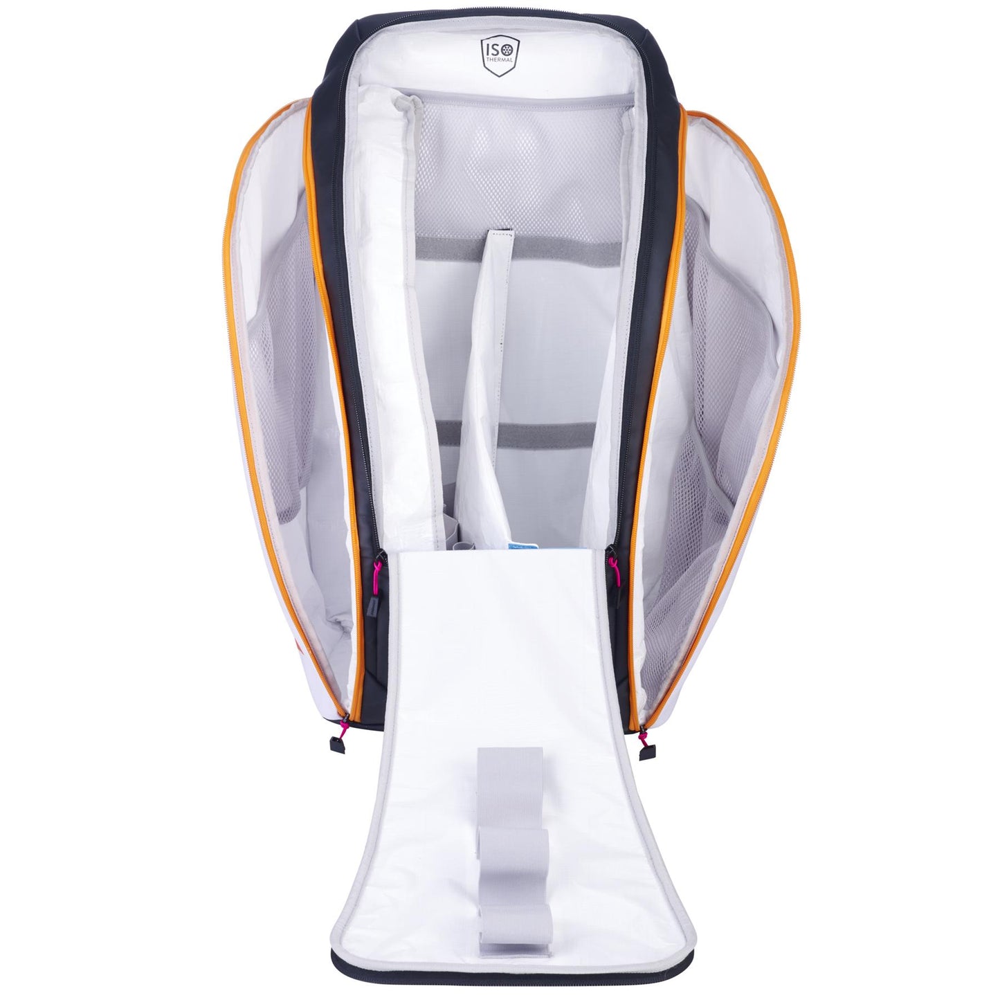 Introducing the Babolat RH Perf Padel Backpack in Black / Multi, featuring a white interior and crafted from durable materials. This backpack, by renowned brand Babolat, includes multiple compartments with waterproof mesh pockets. It is accented by an orange edge and displays the number "150" on the inside. The main flap lays flat for easy access.