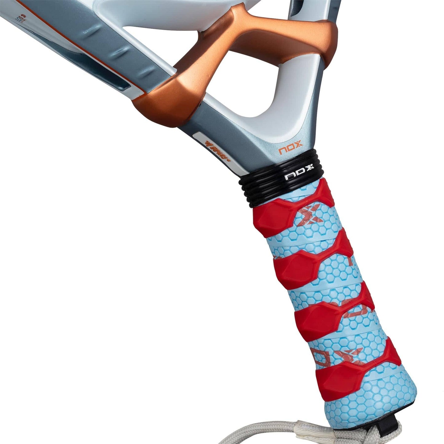 Close-up of the NOX Luxury VK10 Ventus Control 12K By Aranzazu Osoro 2026 Padel Racket handle, featuring a light blue grip with red accents, hexagonal pattern, wrist strap, and a silver-copper NOX frame made from premium 12K Carbon.