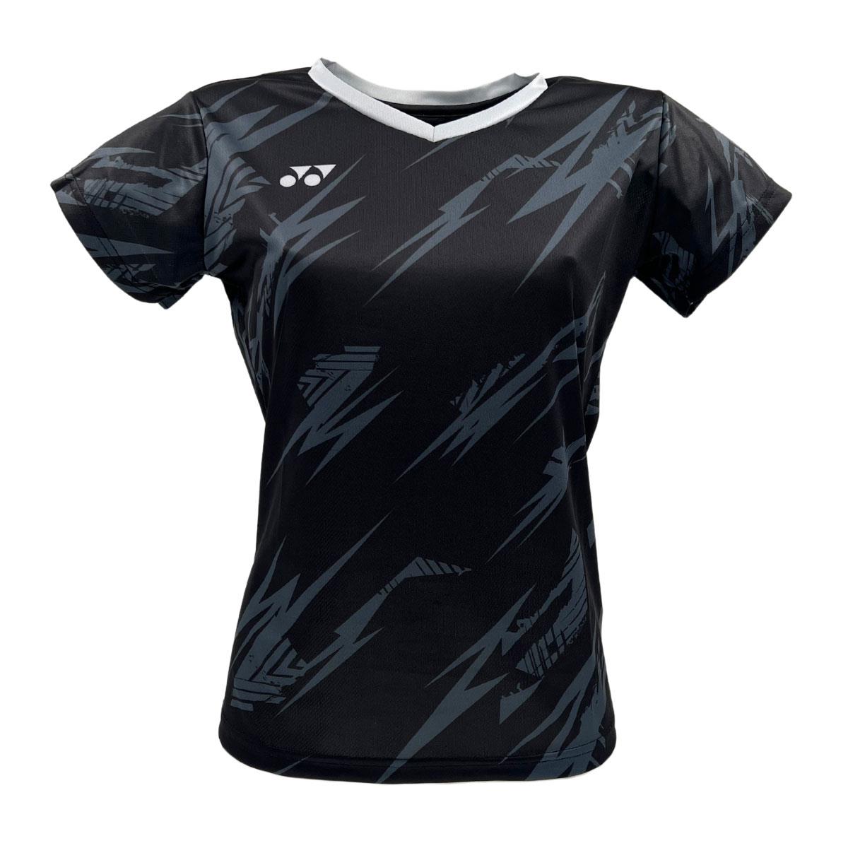 The Yonex YTL8 Women's Padel T-Shirt in Black/Silver features moisture-wicking fabric, a V-neck collar, sleek black design with a gray geometric pattern, and a small white logo on the left chest, offering sharp angular shapes for optimal performance and style on the court.