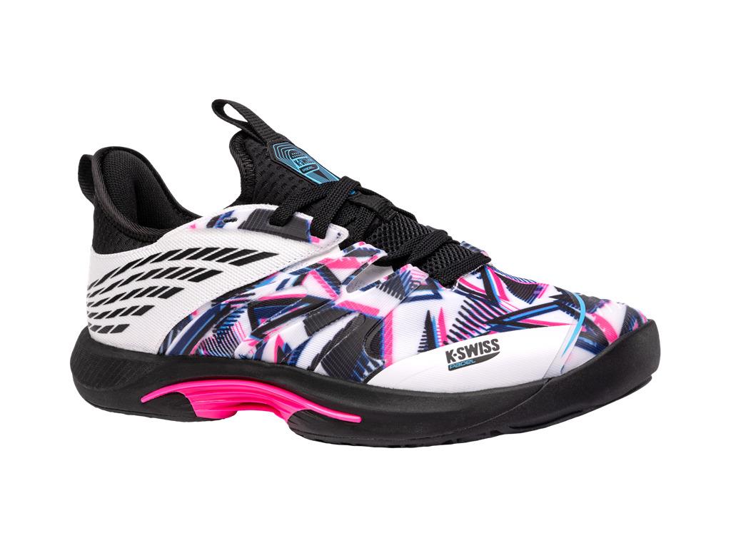 Introducing the K-Swiss Speedtrac Padel Shoes in White, Black, and Neon Pink: These vibrant athletic shoes feature a distinctive black and white geometric pattern with eye-catching neon pink accents and a durable black sole. Designed for comfort with Ortholite technology, they showcase a blue logo on the tongue and prominently display the "K-Swiss" branding on the side.