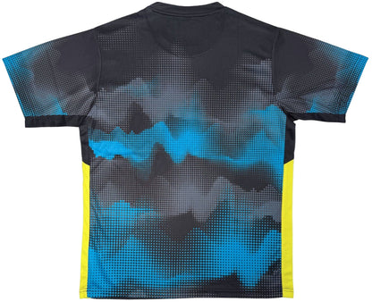 The Yonex YTM2025A Men's Padel T-Shirt in black features a blue dotted gradient, yellow side panels, and crew neck. Crafted from Quick-Dry micro-knit fabric by Yonex, it offers enhanced comfort and is displayed flat with the back facing up.