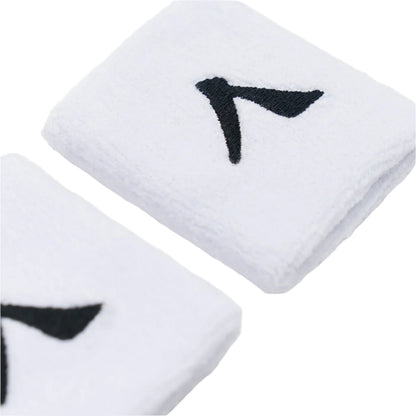 The Kanso 7cm Wristband - 2 Pack in White delivers comfort and style with its sleek black embroidery on a white surface, crafted from absorbent fabric.