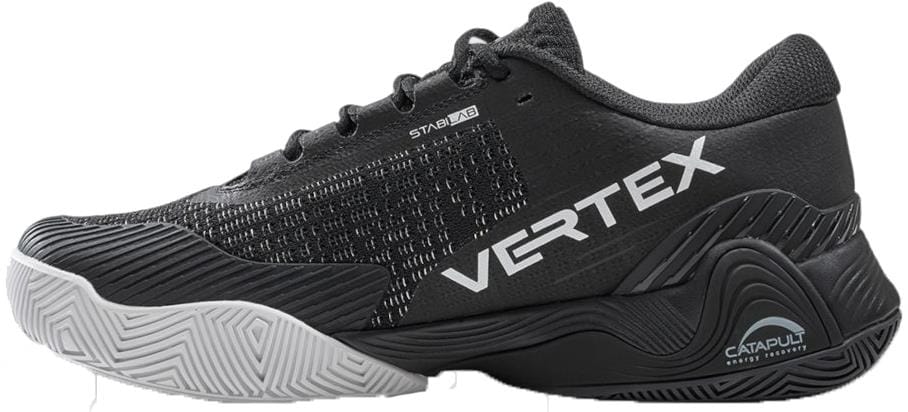 The Bullpadel Vertex Vibram 26V Mens Padel Shoes - Black feature "VERTEX" in bold white, "CATAPULT" near the heel, a Vibram outsole, and a mesh/synthetic upper, inspired by Bullpadel’s signature athletic design.