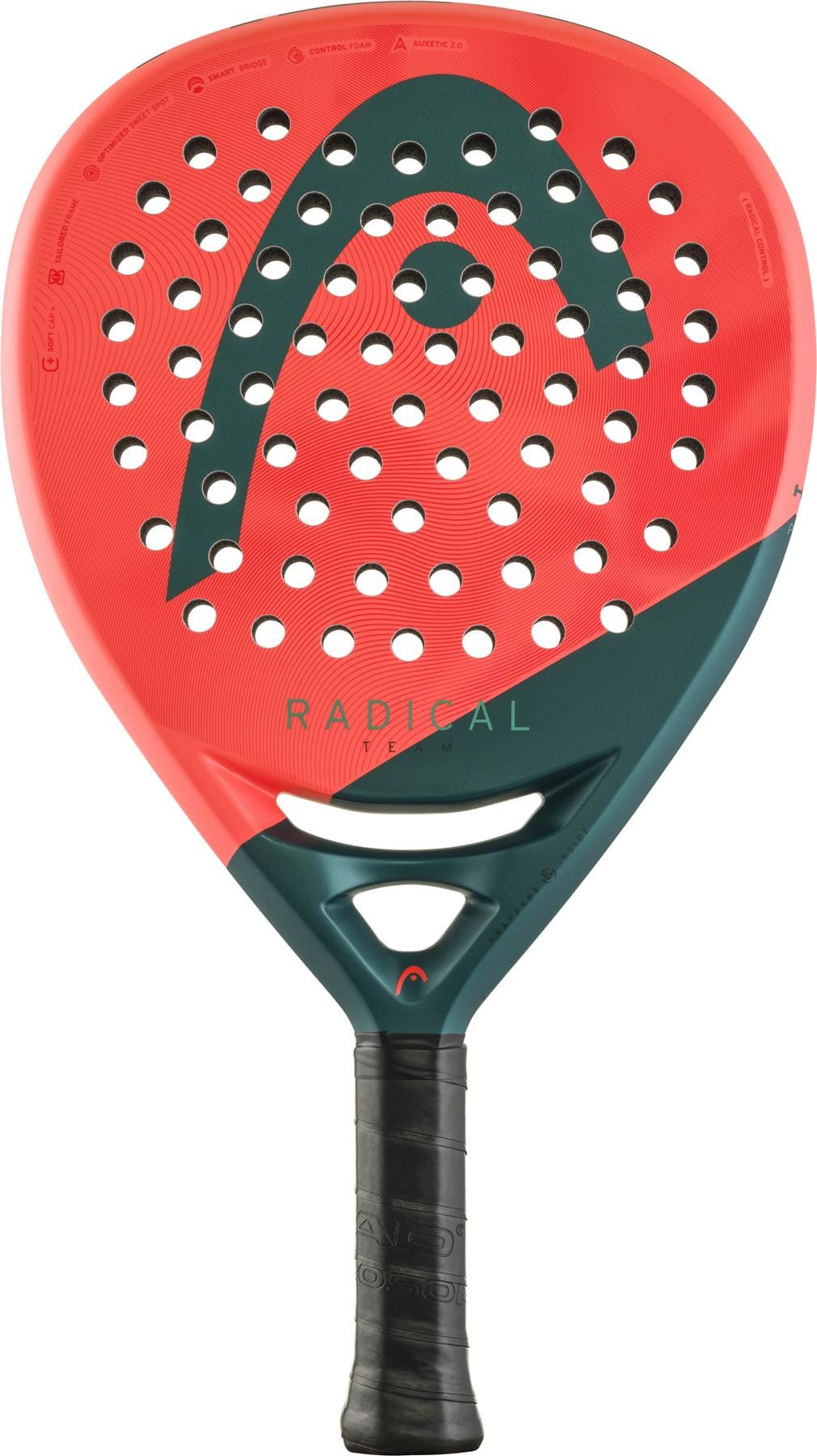 An orange and green HEAD Radical Team 2026 Padel Racket with a bold white logo, round holes, and black grip. The fibreglass surface provides control, while "RADICAL" is printed on the face.