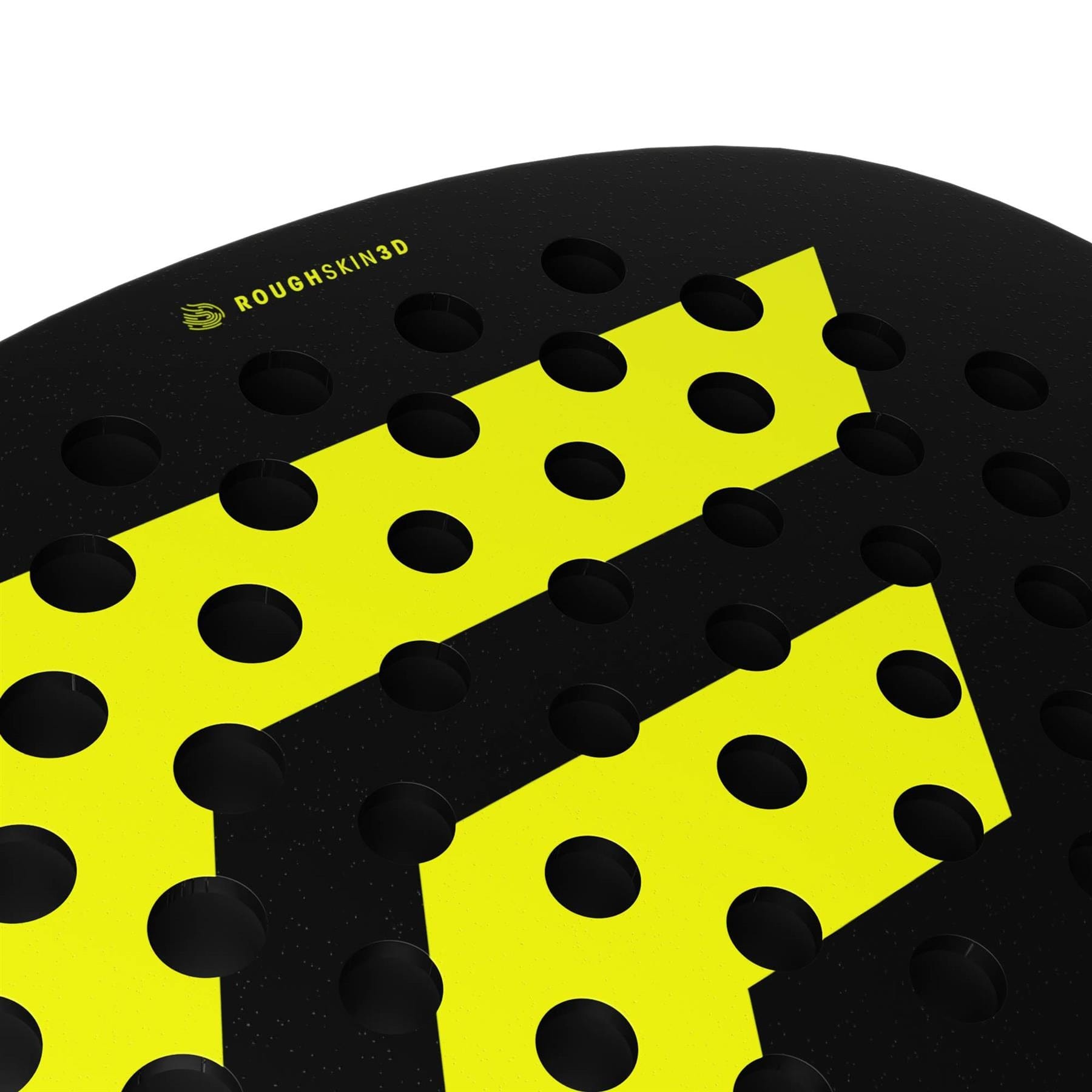 Close-up of the Tecnifibre Bomba Lite Padel Racket by Tecnifibre, featuring a black design with bold yellow geometric patterns, multiple circular holes, and "ROUGH SKIN 3D" text on its fibreglass face.