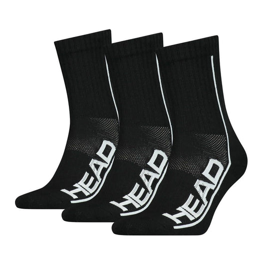 Displayed against a plain white background, the HEAD Performance Padel Socks (3 Pack) in black with white "HEAD" on the side feature ribbed cuffs and reinforced toe and heel for durability. These athletic socks provide excellent arch support, making them ideal for padel players.