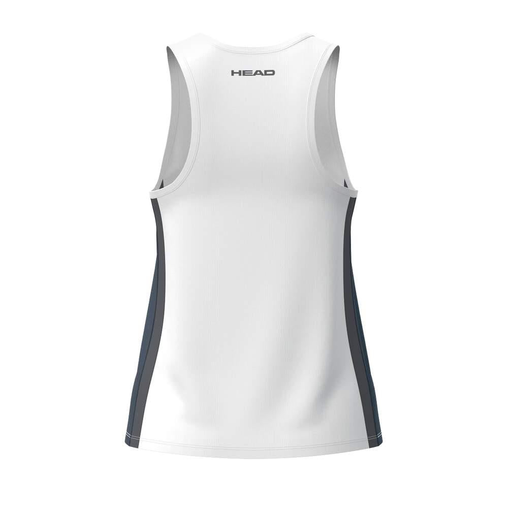 The HEAD Club 25 Tech Women's Padel Tank Top in navy and white features dark side panels, HEAD branding on the upper back, and moisture-wicking fabric to keep you cool and dry, shown against a plain white background.