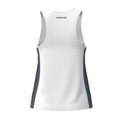 The HEAD Club 25 Tech Women's Padel Tank Top in navy and white features dark side panels, HEAD branding on the upper back, and moisture-wicking fabric to keep you cool and dry, shown against a plain white background.