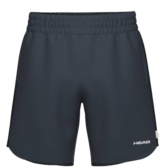The HEAD Power Men's Padel Shorts in navy feature an elastic waistband, white HEAD logo on the lower right leg, a clean design, and moisture-wicking fabric to keep you cool and comfortable on the court.