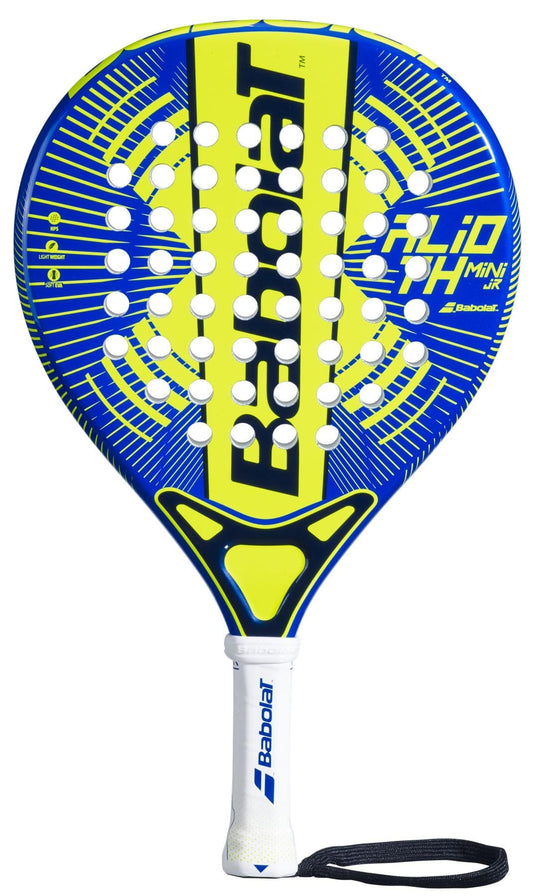 The Babolat Alioth Mini Junior Padel Racket in blue and yellow features a white grip, black wrist strap, and bold design with circular holes—ideal for young players.