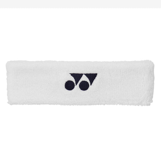 The Yonex AC259 Padel Headband in white, featuring a black logo of overlapping circles and triangles, is showcased resting horizontally on a plain background. This sporty Yonex accessory is sweat-absorbing and includes an anti-bacterial feature for enhanced comfort during intense activities.