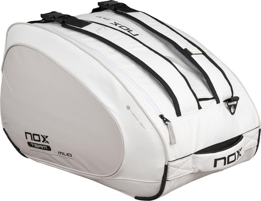 The NOX ML10 Team 4 Racket Padel Bag in white and grey features side pockets, padded shoulder straps, and black accents. The NOX logo and "TEAM ML10" text appear on the side against a plain background.