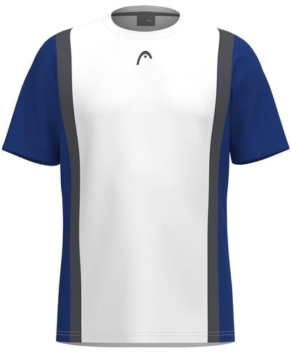 The HEAD Club Tech 25 Men's Padel T-Shirt features short sleeves, a royal blue back, dark blue sleeves, and a white front panel with dark gray stripes. Made from Moisture Transfer Microfiber for optimal breathability and performance.