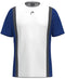 The HEAD Club Tech 25 Men's Padel T-Shirt features short sleeves, a royal blue back, dark blue sleeves, and a white front panel with dark gray stripes. Made from Moisture Transfer Microfiber for optimal breathability and performance.