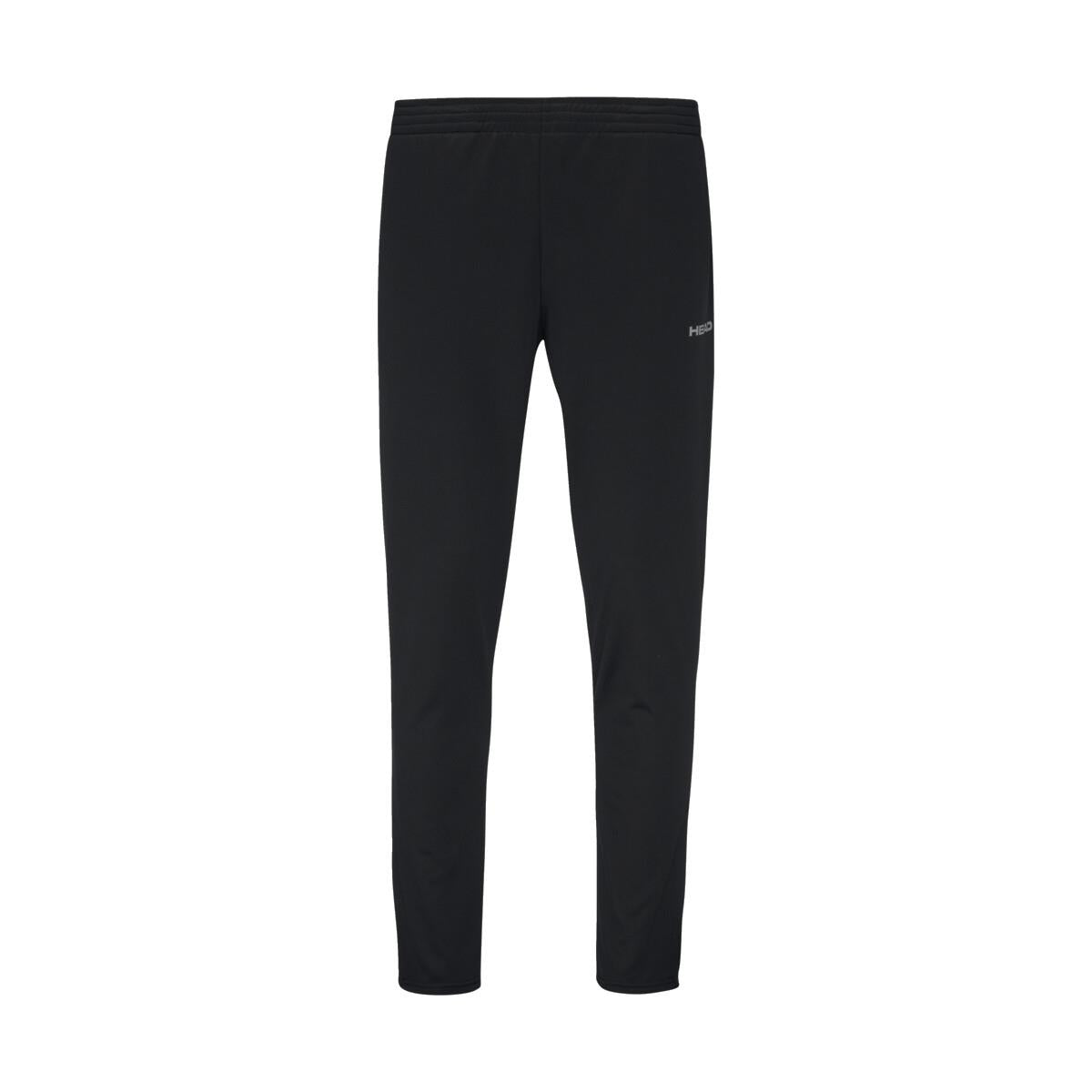 The HEAD Club Men's Easy Court Tracksuit - Black is showcased against a white background. These athletic pants from HEAD feature an elastic waistband and tapering design towards the ankles. Crafted with Moisture Transfer Microfiber for enhanced comfort, they also display a small logo on the left upper thigh.