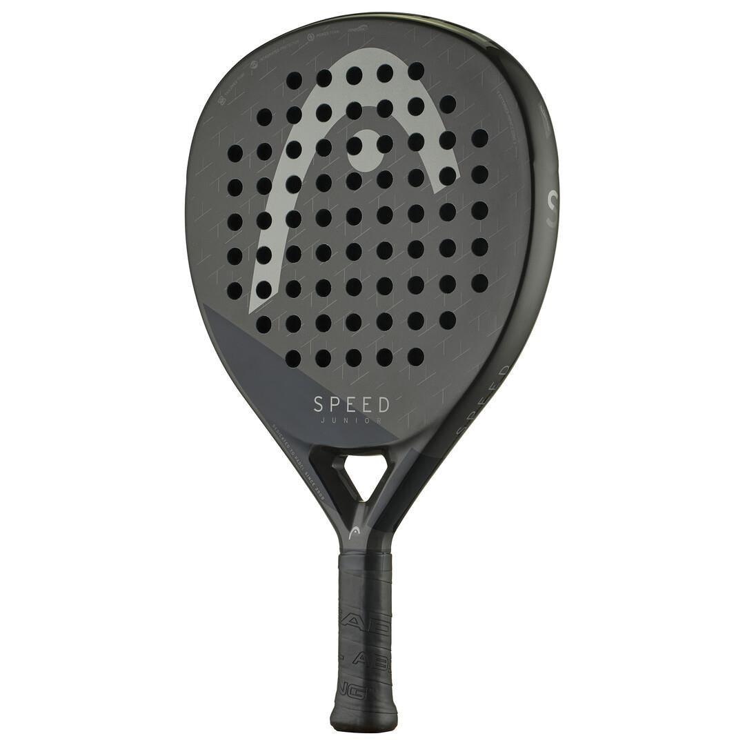 The HEAD Speed Junior 2025 Padel Racket in black features a perforated surface with a large "Head" logo. The terms "Speed" and "Junior" are displayed, highlighting Innegra technology for increased durability, and it includes a black-wrapped grip.