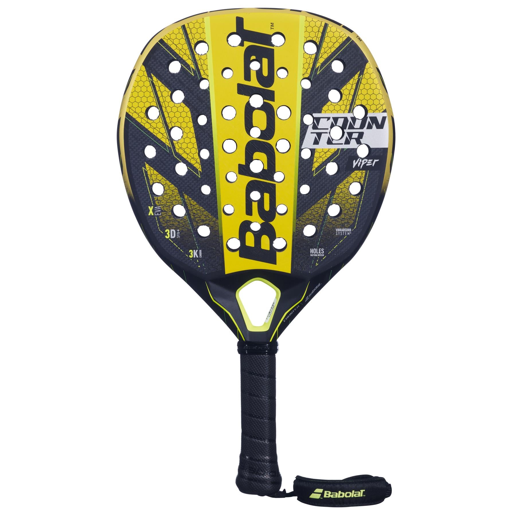 The Babolat Counter Viper Padel Racket in black and yellow boasts a textured surface with numerous holes designed for optimal control. The brand name is clearly displayed, and the black grip features a wrist strap to provide exceptional power and vibration dampening, enhancing playability.