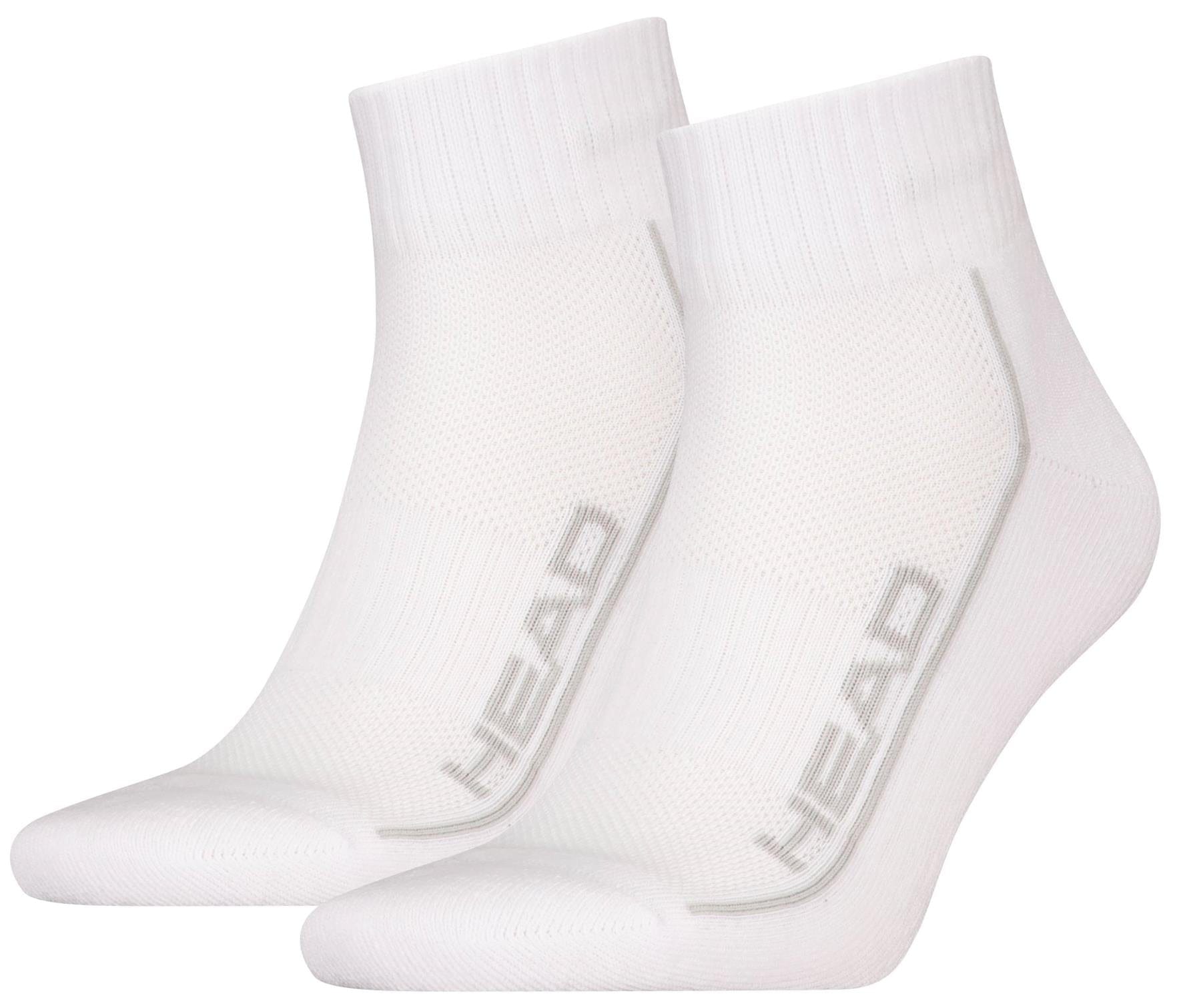 HEAD Performance Quarter Padel Socks - White (2 Pack) feature ribbed cuffs, cushioned soles, and "HEAD" in gray on the sides.