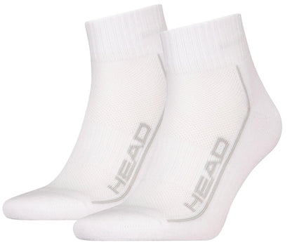HEAD Performance Quarter Padel Socks - White (2 Pack) feature ribbed cuffs, cushioned soles, and "HEAD" in gray on the sides.