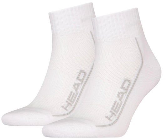 HEAD Performance Quarter Padel Socks - White (2 Pack) feature ribbed cuffs, cushioned soles, and "HEAD" in gray on the sides.