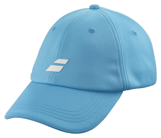 Introducing the Babolat Pure Logo Cap in Cyan Blue, a sustainable baseball cap made from recycled polyester. It showcases a curved brim, two white horizontal stripes on the front, stitched panels, and a button top for style.