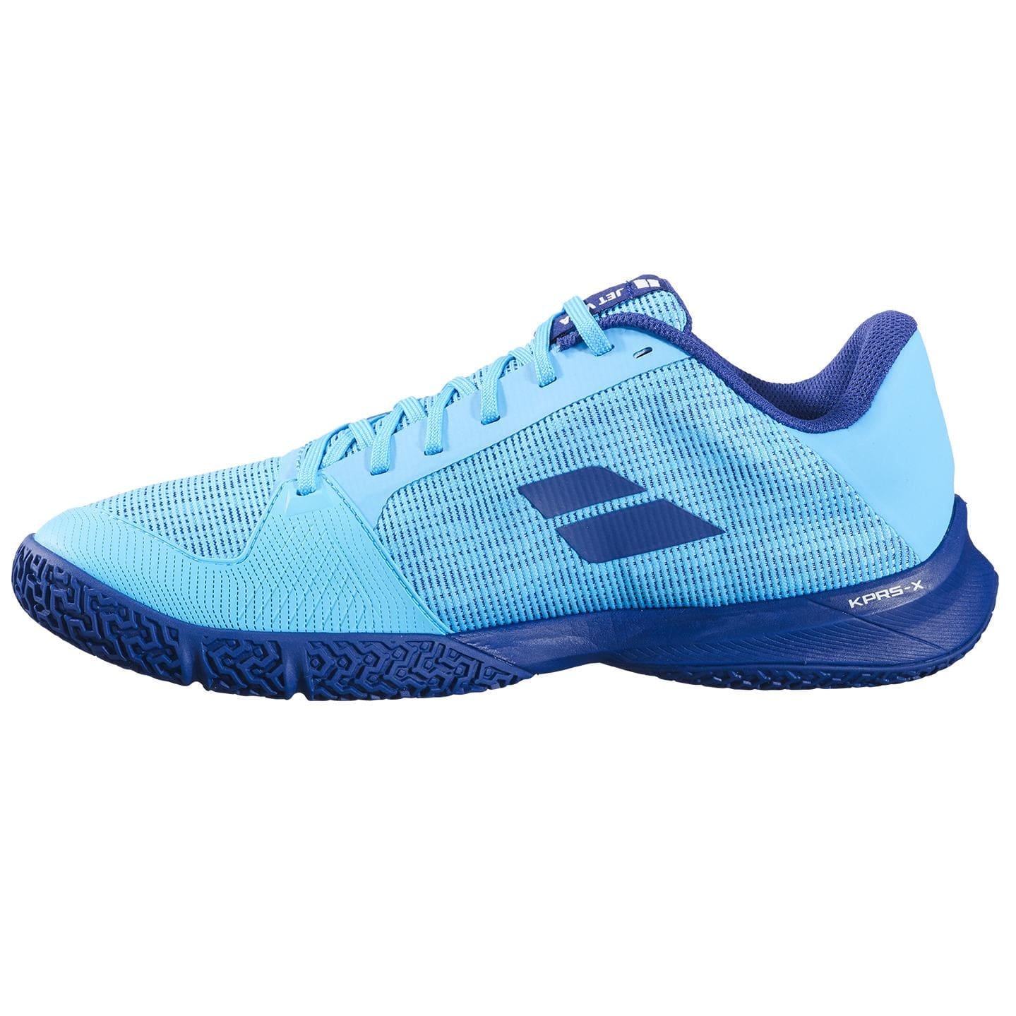The Babolat Jet Viva Men's Padel Shoes in Scuba Blue feature a breathable mesh upper, dark blue sole, and logo accents—perfect for intermediate padel players seeking style and performance.
