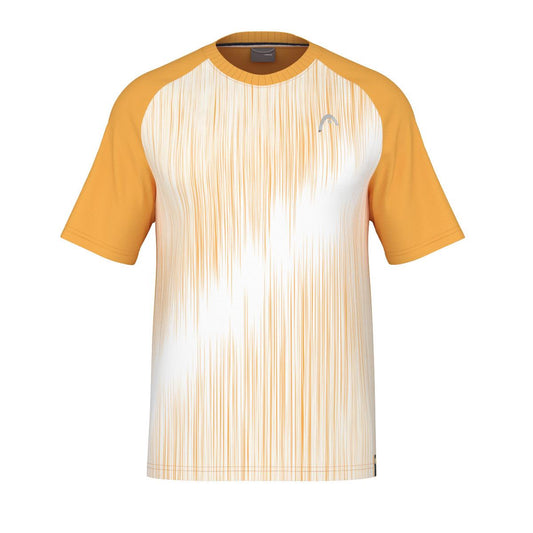 Introducing the HEAD Performance Men's Padel T-Shirt - XPBN, a short-sleeve masterpiece designed with a striking yellow-orange and white vertical gradient pattern. The t-shirt features solid yellow-orange sleeves and a collar that perfectly complement its moisture-wicking microfiber fabric for ultimate comfort. A small, stylishly printed logo adorns the left chest, adding a touch of elegance.