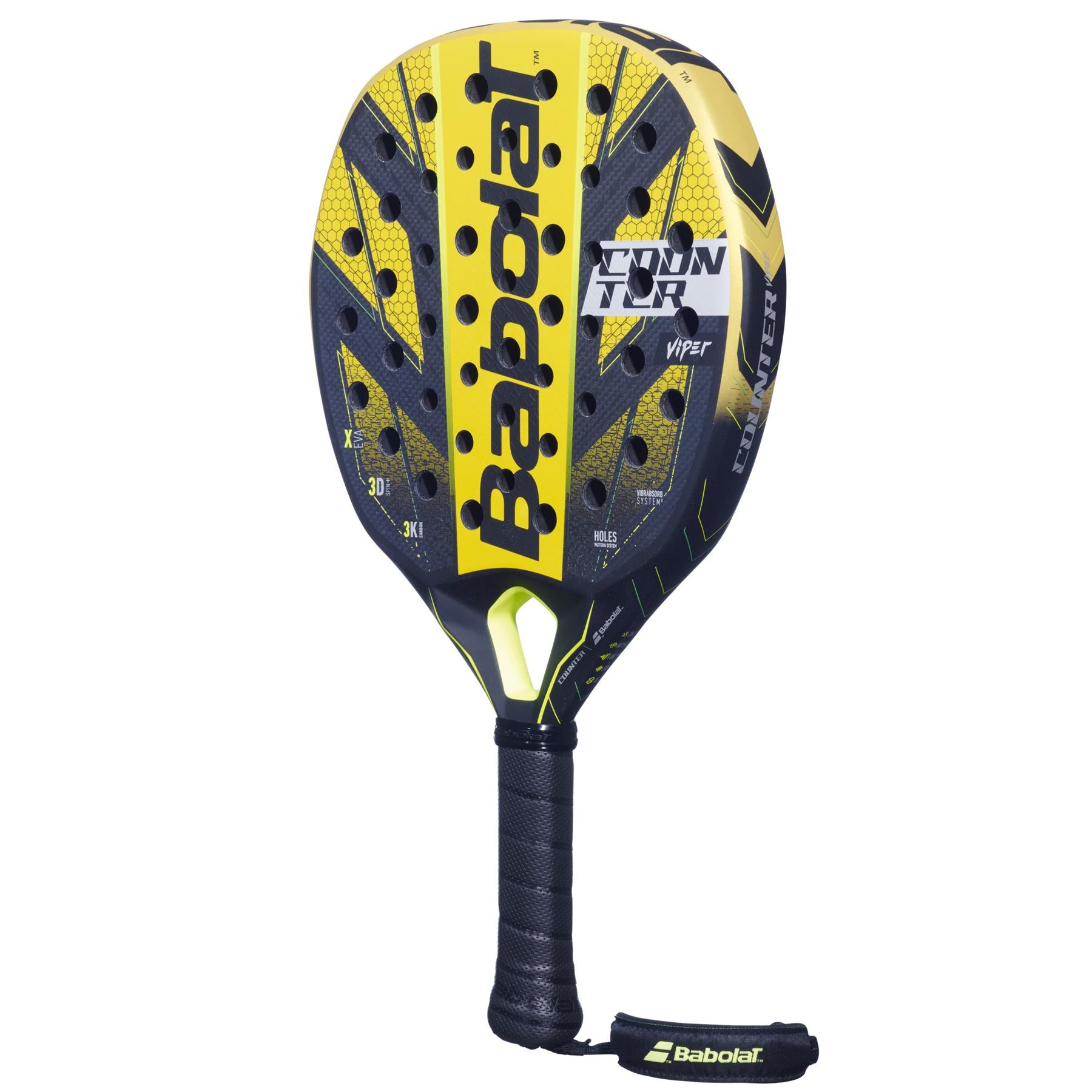 The Babolat Counter Viper Padel Racket - Black / Yellow features a bold yellow and black design, prominently displaying "Viper" and "Technical" on the face. It includes a handle wrapped in black grip tape and comes with a Babolat wrist strap, providing advanced vibration dampening for superior power and control during play.