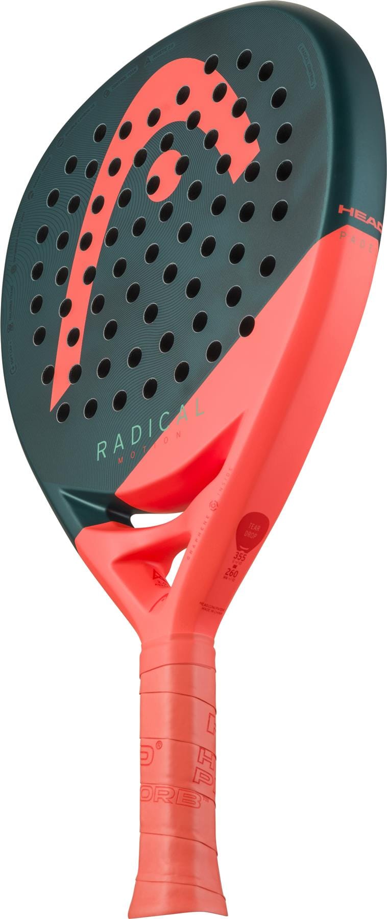 A close-up of the HEAD Radical Motion 2026 Padel Racket, a lightweight advanced padel racket in green and orange, with a perforated face and the HEAD logo clearly shown.
