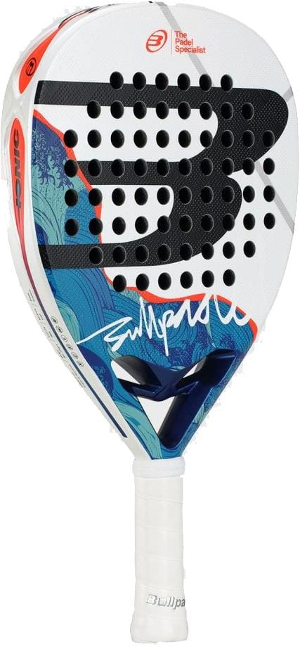 The Bullpadel Ionic Power 2026 Padel Racket by Bullpadel features a white base with blue and black wave designs, a bold black "B" logo, signature on the face, perforated surface, and white grip tape for enhanced power and control.