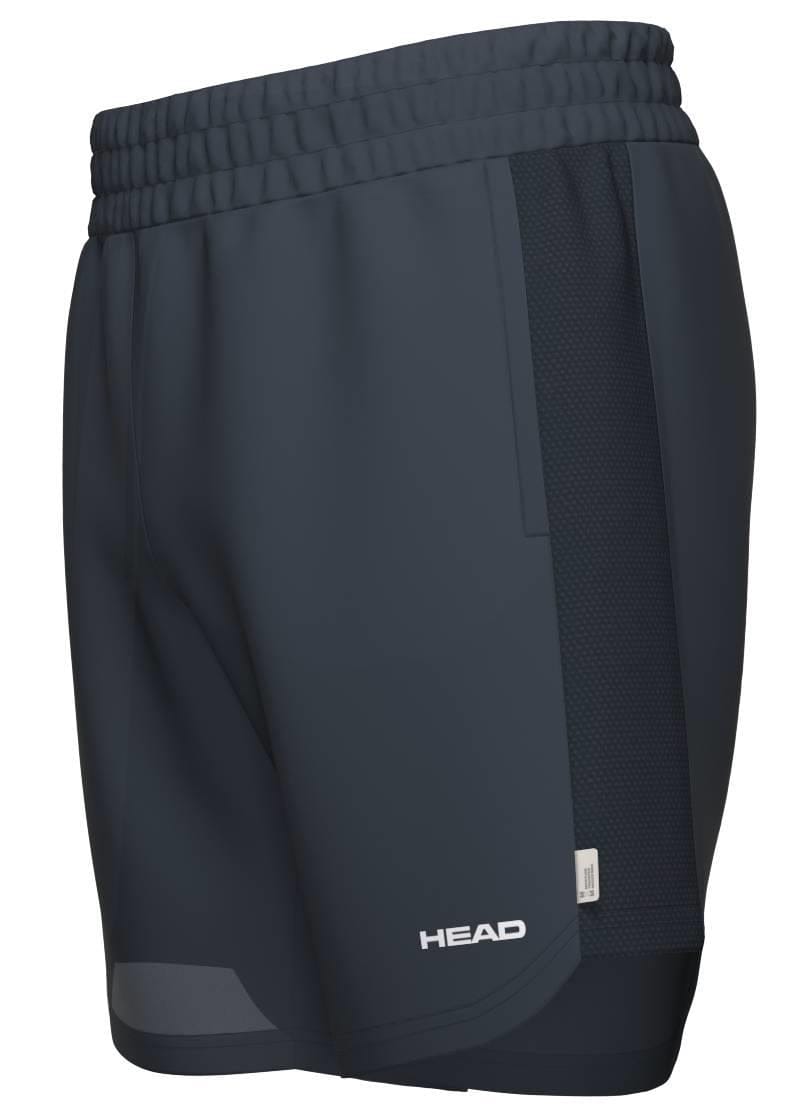 The HEAD Power Men's Padel Shorts in navy feature an elastic waistband, mesh side panels for breathability, moisture-wicking lightweight fabric, and a HEAD logo near the hem—ideal athletic shorts for sports or exercise.