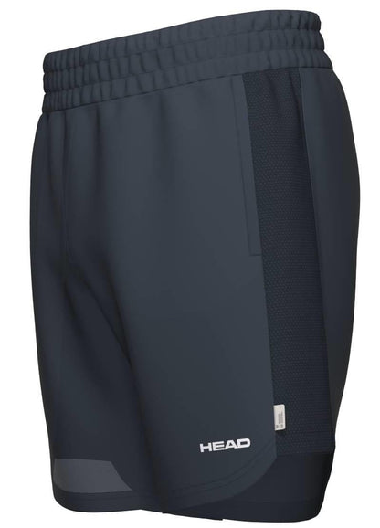 The HEAD Power Men's Padel Shorts in navy feature an elastic waistband, mesh side panels for breathability, moisture-wicking lightweight fabric, and a HEAD logo near the hem—ideal athletic shorts for sports or exercise.