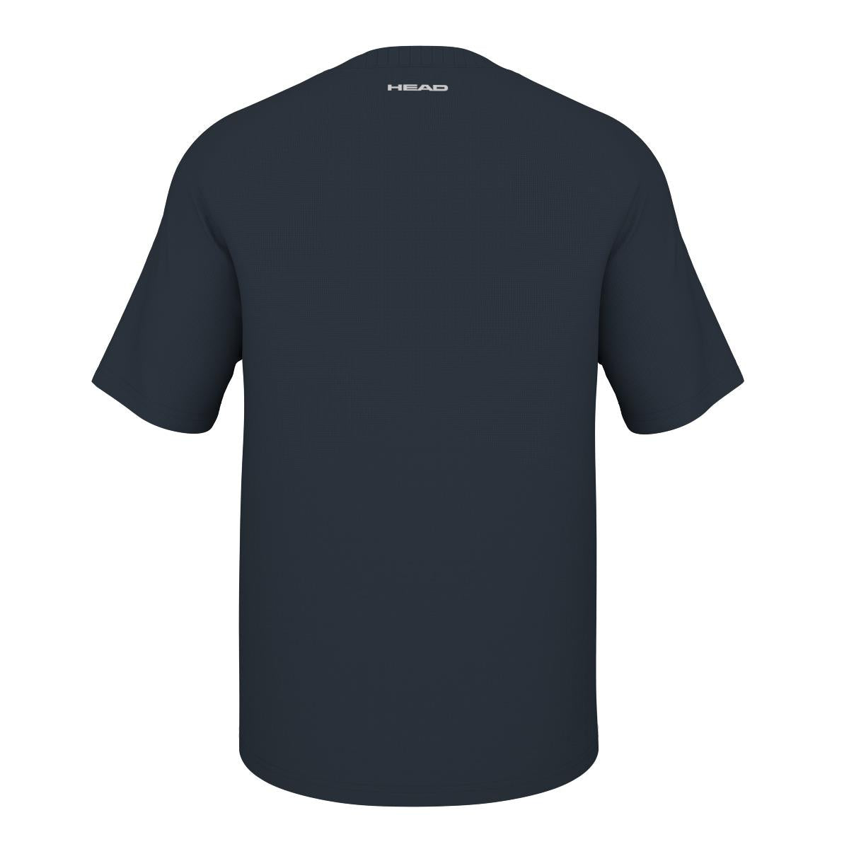 A view of the HEAD Performance Men's Padel T-Shirt - XPNV in plain black, highlighting its short sleeves and crew neckline. Made with moisture transfer microfiber, this t-shirt showcases the word "HEAD" printed in white at the top center near the neckline.