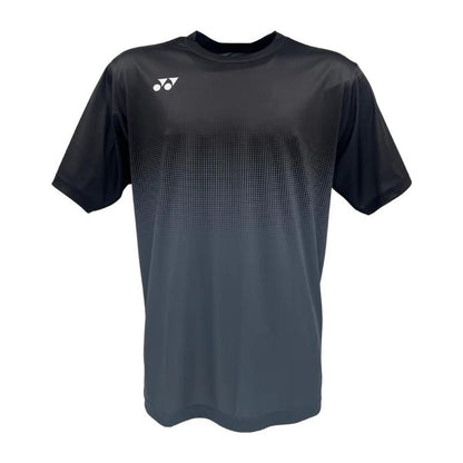 Introducing the Yonex YTM5: A men's padel T-shirt in turquoise and black, made from moisture-wicking polyester. It features a gradient pattern from chest to waist and a minimalist white logo on the upper left chest. Ideal for intense matches on the court.