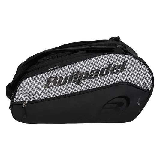 The Bullpadel BPP26001 Vertex Padel Bag in black features gray accents, bold Bullpadel branding on the side, and multiple zippered compartments for organizing your padel gear.